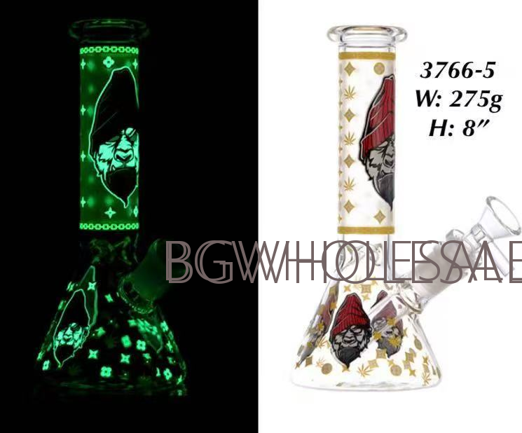 Glow in the Dark Gorilla Glass Beaker Water Pipe 8"