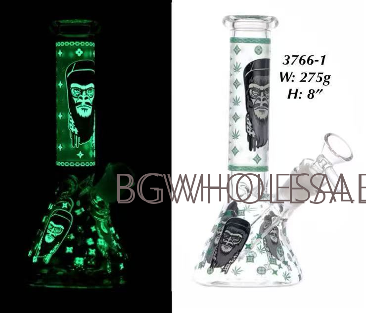 Glow in the Dark Gorilla Glass Beaker Water Pipe 8"