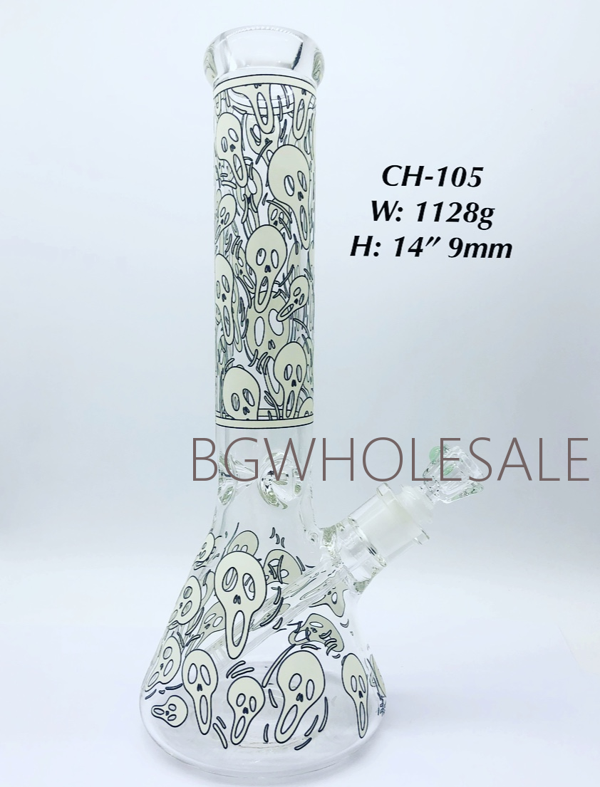 14" Ghost Glass Beaker Water Pipe Glow in the Dark