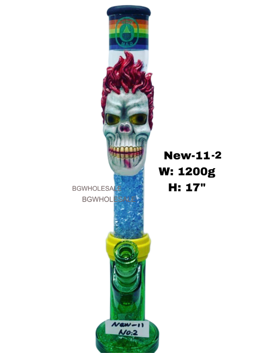 17" Glass Straight Tube Bong Water Pipe with Colorful  Glass Sand and Red Hair Skull