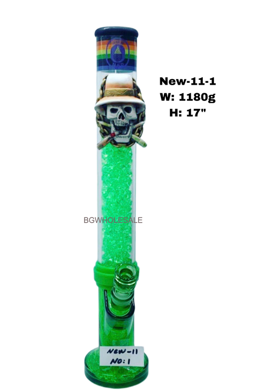 17" Glass Straight Tube Bong Water Pipe with Colorful  Glass Sand and Skull