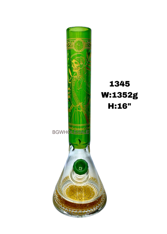Green and Golden Color Skeleton Glass Beaker Bong 16"