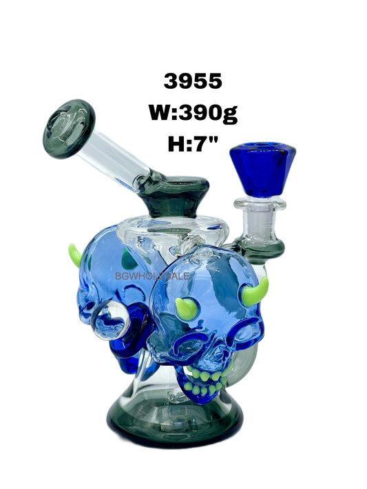 7" Dual Skull Glass Bong Water Pipe