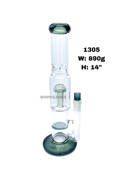 14" Glass Straight Tube Tree Arm and Honeycomb Disc Perc Bong Water Pipe