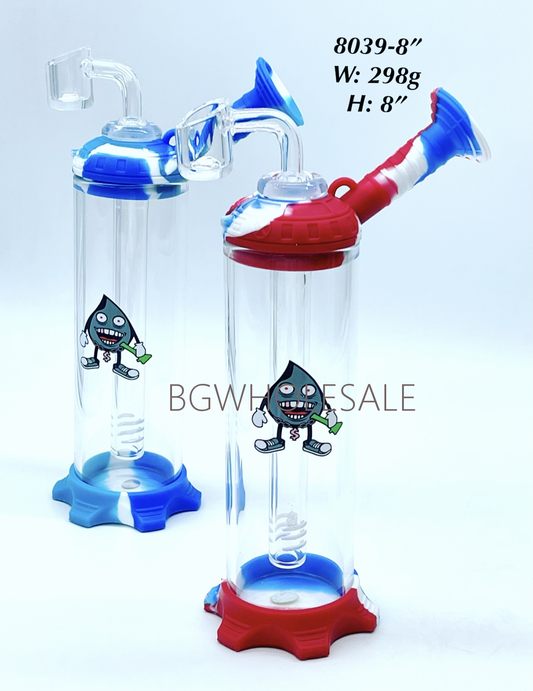 8" Glass Dab Rig Glass Cylinder with  Silicone Base and Mouthpiece