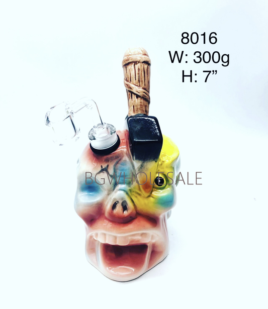 Zombie Skull with Axe Ceramic Dab Rig 7"