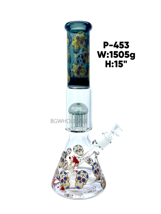 15" Luxury Glass Beaker Water Pipe with Gold Skull Patterns and Tree Percs