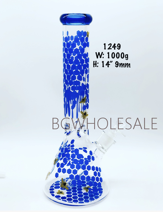 Blue Honeycomb and Bees Thick Wall Glass Beaker Bong 14"