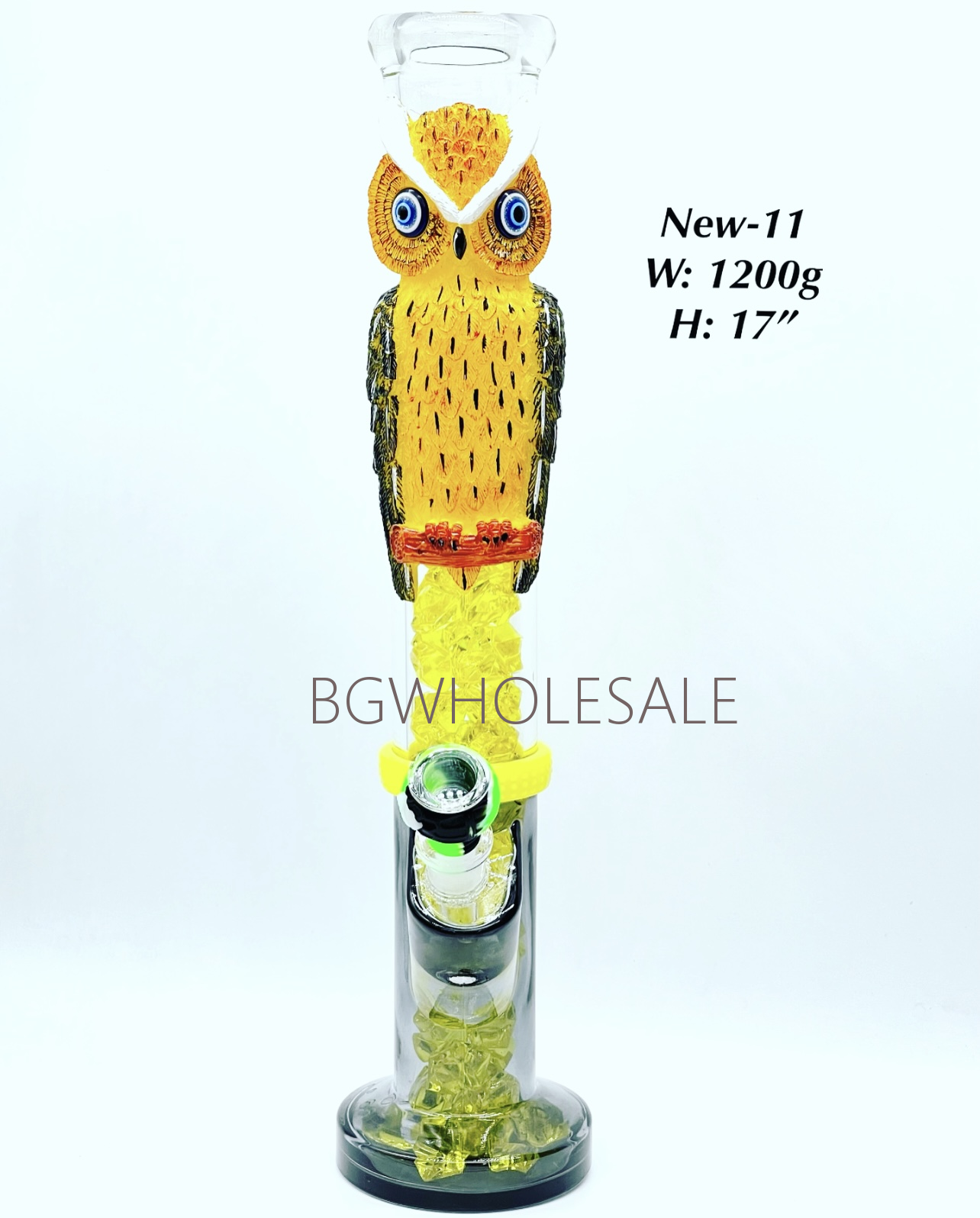 17" Straight Tube Glass Bong Water Pipe with Colored Glass Sand and Owl