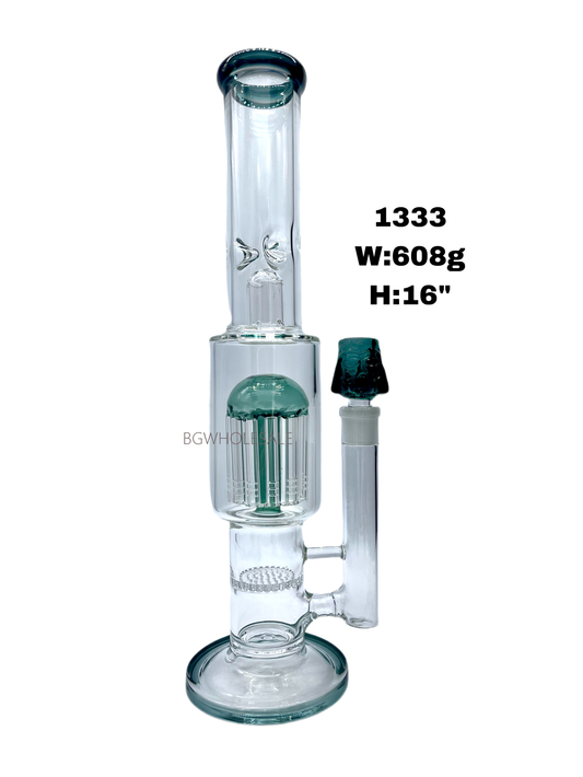 16" Straight Tube Triple Perc Bong with Ice Catcher