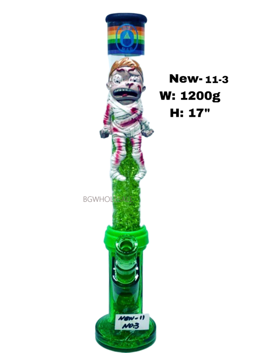 17" Glass Straight Tube Bong Water Pipe with Colorful  Glass Sand and Injured Rick and Morty
