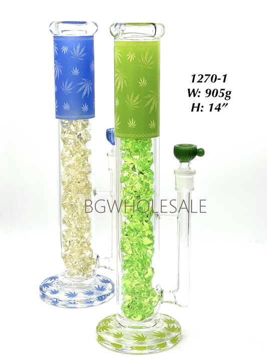 14" Leaves Sticker Straight Tube Bong with Diamond Perc