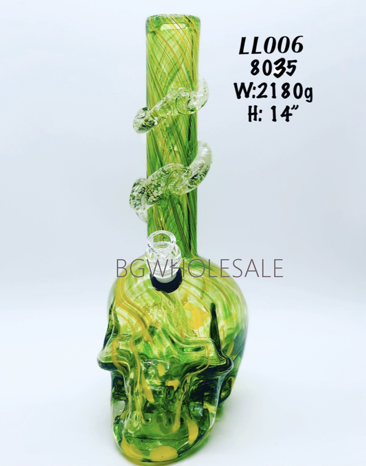 14" Large Skull Soft Glass Water Pipe with Glow in the Dark Wrap