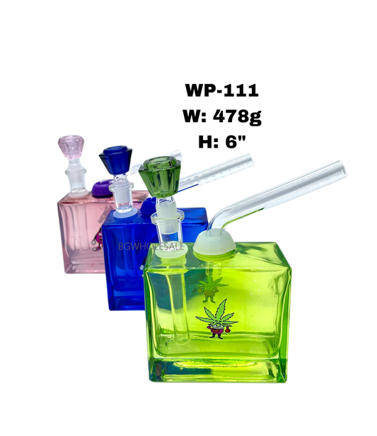 6" Square Glass Bottle Water Pipe with Stickers