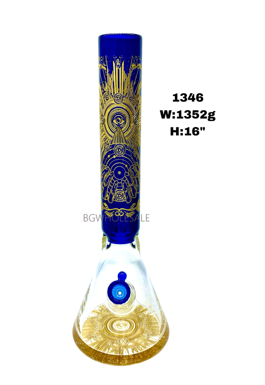 Blue and Golden Color Decals Glass Beaker Bong 16"