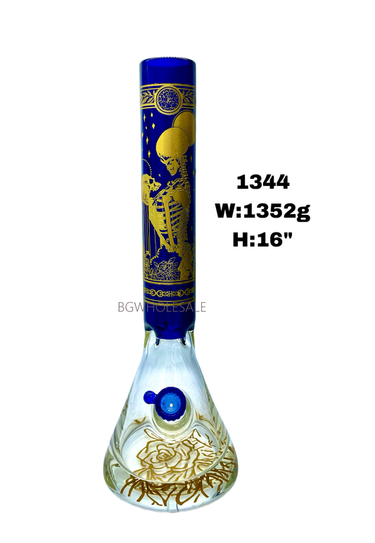 Blue and Golden Color Skeleton Glass Beaker Bong 16"