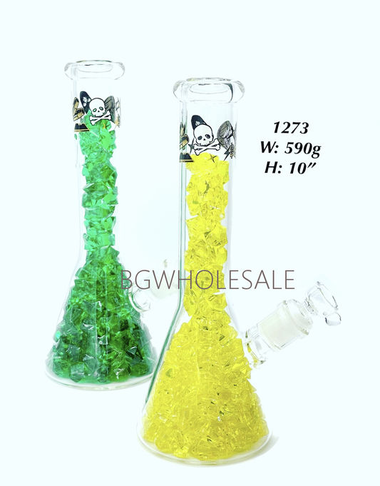 Diamond Filled Glass Beaker Water Pipe 10"