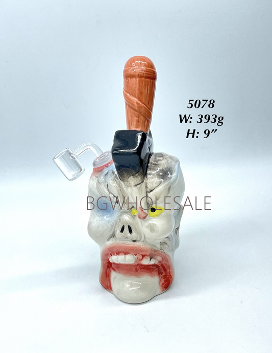 Axed Skull Ceramic Dab Rig Water  Pipe 9"