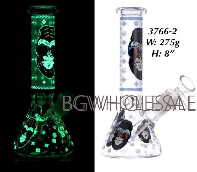 Glow in the Dark Gorilla Glass Beaker Water Pipe 8"