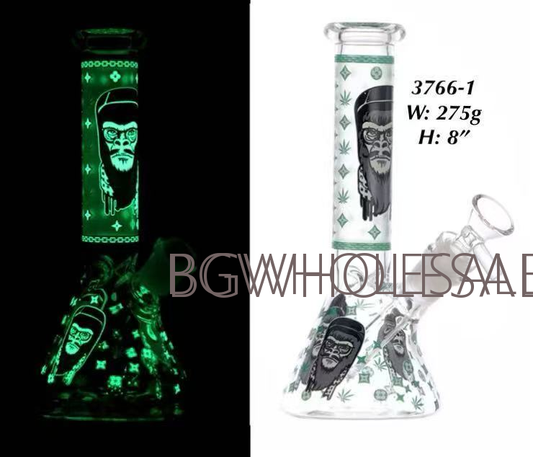 Glow in the Dark Gorilla Glass Beaker Water Pipe 8"