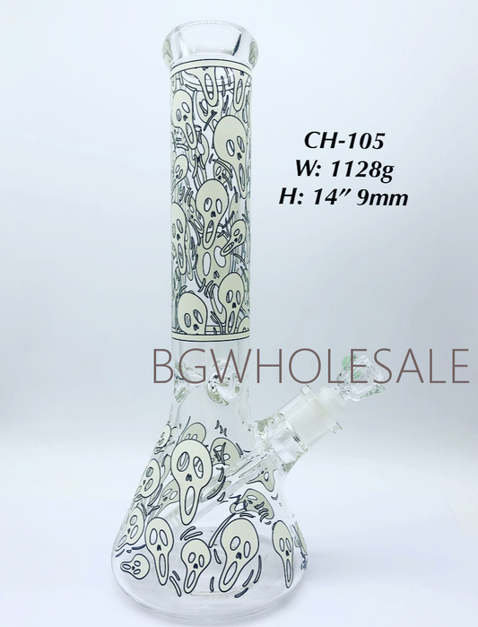 14" Ghost Glass Beaker Water Pipe Glow in the Dark